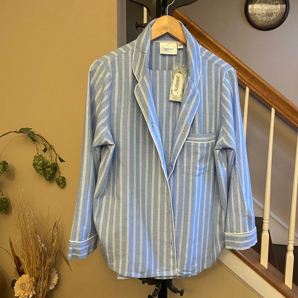 NWT National Women's Brushed Cotton Flannel Blue Stripe 2 Pc Pajama Set Sz PXL